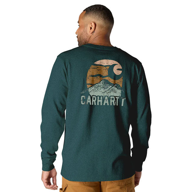 Heavyweight comfort with an outdoor edge. This Carhartt relaxed-fit long sleeve features durable jersey fabric; a chest pocket with Carhartt label; and a bold mountain logo graphic on the back-built for everyday wear on and off the trail. Relaxed Fit Rib knit crew neck Left chest pocket Rib knit cuffs Carhartt "Mountain Logo" graphic print on back Carhartt label sewn on pocket Woven Heavyweight Jersey