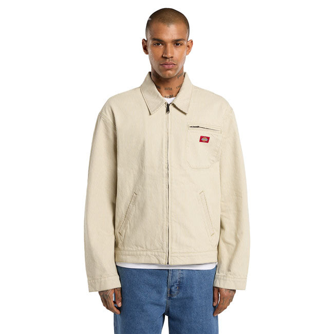 The Dickies Hickory painter jacket is a relaxed fit painter jacket. Made with a sturdy 12.3oz garment washed hickory cotton with a soft hand feel; features include left chest welt pocket with zip entry; bottom slanted welt pockets; center front zip; back pleats; adjustable hem and cuffs; and woven Dickies label on chest pocket. A timeless hickory painter jacket with comfort and durability at its core. Relaxed fit 100% cotton 12.3oz garment washed hickory cotton