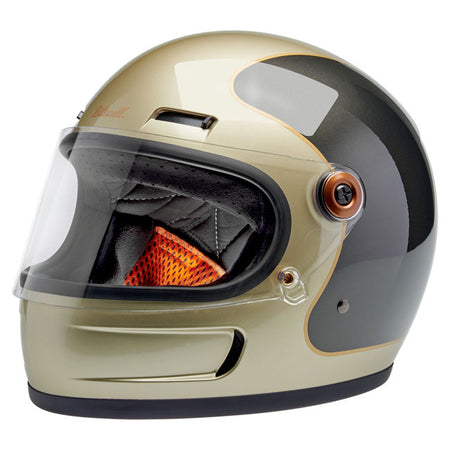 Biltwell takes with the Gringo SV the classic motorcycle aesthetic we reenergized ten years ago in a bold new direction. The result is a helmet with world-class comfort; function; and style. There are vents directly integrated into the helmet shell; giving the helmet a racy silhouette while facilitating internal airflow. Channels within the EPS safety foam effectively dissipate heat and moisture buildup; ensuring comfort during rides. Additionally; the sliding mechanisms behind the brow vents enable riders 