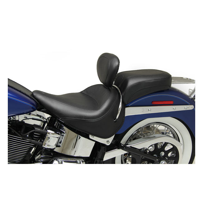 Plain black. 16.5" wide. With rider backrest. The backrest is easily removed when not required.  Specifically engineered to provide uncompromising comfort. The solo is made in such a way that the rider can sit back; comfortably; in the seat bucket. The adjustable backrest will give perfect lower back support for great comfort on long hauls. There it provides ample support for the lower back.  Note: Solo seats are designed to be used with regular passenger seats for 05-15 Softail Deluxe; 00-03 Springer Herit