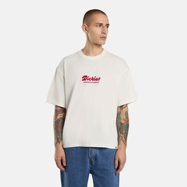 Dickies Lewistown Embro T Shirt Egret 100 Procent Katoen 230 GSM Boxy Pasvorm Kettingsteek Logo