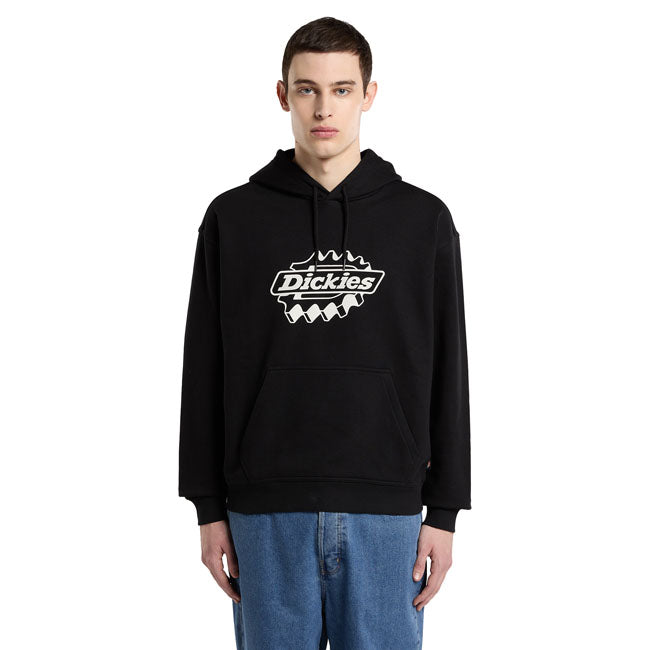 The Dickies Irondale hoodie is a boxy fit hooded pullover sweater. Made with a 390GSM loopback poly-cotton loopback fleece for durability and wrinkle free properties; this hoodie features ribbed hem and cuffs; lined drawstring hood; kangaroo pocket; woven side seam Dickies label; and front center ironworks adapted Dickies icon logo graphic. A comfortable and durable everyday and everywhere sweater with elevated artwork. Boxy fit 60% cotton / 40% polyester 390 GSM loopback poly-cotton fleece