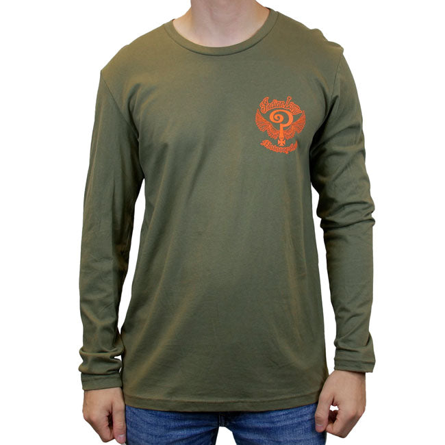 Indian Larry was a born and raised New Yorker who discovered his passion for mechanics at a very early age. Channeling the raw spirit of Brooklyn's custom motorcycle scene; the Indian Larry John''s long sleeve in army green is a tribute to timeless craftsmanship. Its rugged hue and classic long-sleeve design make it a staple for those who ride hard and live free. Whether you''re cruising the streets or kicking back; this tee keeps your style effortlessly cool.