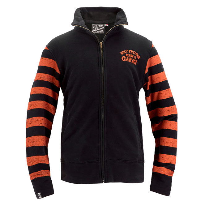 Built for the workshop; the road; and everything in between; the Holy Freedom Garage zipped sweat delivers raw style with functional muscle. Made from 100% unbrushed emery cotton; it's tough yet breathable; with a windproof front lining to keep the chill out. Distressed fabric edges; water-based prints; and a metallic zip give it that worn-in; worked-hard attitude. Finished with welt pockets and built to move.