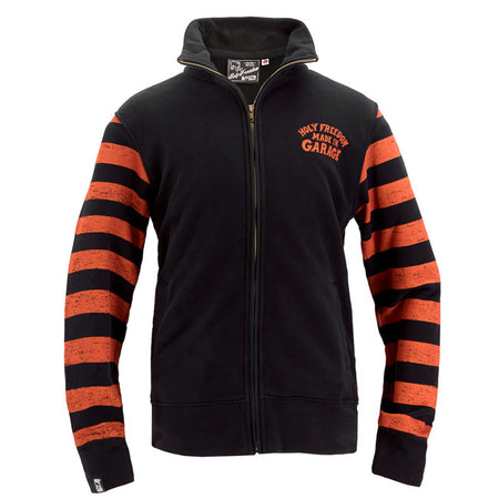 Built for the workshop; the road; and everything in between; the Holy Freedom Garage zipped sweat delivers raw style with functional muscle. Made from 100% unbrushed emery cotton; it's tough yet breathable; with a windproof front lining to keep the chill out. Distressed fabric edges; water-based prints; and a metallic zip give it that worn-in; worked-hard attitude. Finished with welt pockets and built to move.