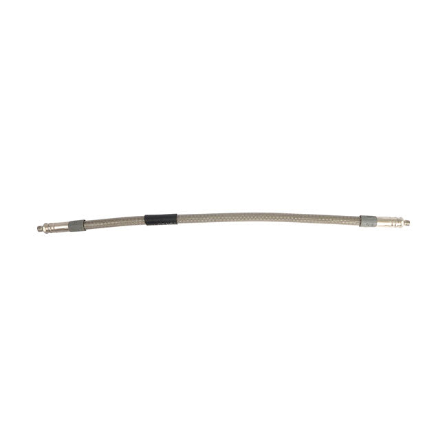Item with approval. Brake line from TRW. High quality manufacturing with a PTFE inner core and a braided stainless steel protective cover in clear. This provides a highly flexible brake line with an outer diameter of just 7 mm with an excellent pump-up resistance. The perfect solution in virtually any stock or custom application where demands are extremely high.   Note 1: Comes with pre-installed threaded brake line ends that may be rotated up to 180 degrees to compensate for the required installation angle