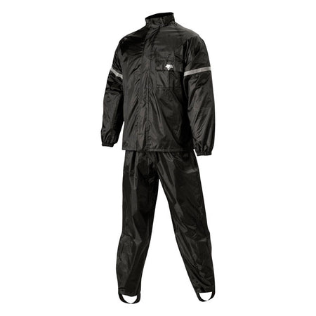 Two-piece 100% waterproof rain suit with soft polyester outer shell with PVC backing. Jacket has full length zipper with Velcror storm flap. Outer waterproof chest pocket; elasticized cuff and waist; reflective striping for night visibility and pants feature ankle gussets for easy boot entry.
