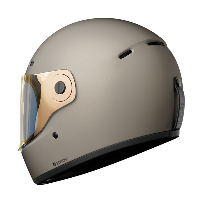 The John Doe JD/One Helmet gives you no end of possibilities for customization to match your look. The helmet comes in a retro 70s design without compromising on safety and comfort. Whether you're into speeding along the highways; planning an off-road adventure; or aiming for that old-school look; this helmet goes with every motorbiking style. The newly developed Multi-Lock system makes it easy to attach accessories such as a visor; sun peak; or blanking panel. This lets you customize your helmet exactly th
