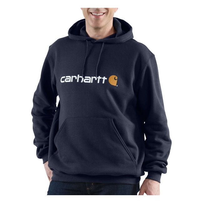 The Carhartt Signature logo hoodie offers comfort and warmth at work; on the weekend or a chilly day. The midweight cotton blend offers everyday versatility. It features a three-piece hood with drawstring fastening; two large side pockets; elasticated knit cuffs; elastane reinforced waistband and the Carhartt logo on the chest. Loose fit for a comfortable fit; allows for maximum freedom of movement. Order one size smaller if you prefer a tighter fit. Loose Fit Attached three-piece hood with adjustable dra