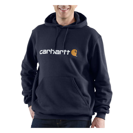 The Carhartt Signature logo hoodie offers comfort and warmth at work; on the weekend or a chilly day. The midweight cotton blend offers everyday versatility. It features a three-piece hood with drawstring fastening; two large side pockets; elasticated knit cuffs; elastane reinforced waistband and the Carhartt logo on the chest. Loose fit for a comfortable fit; allows for maximum freedom of movement. Order one size smaller if you prefer a tighter fit. Loose Fit Attached three-piece hood with adjustable dra