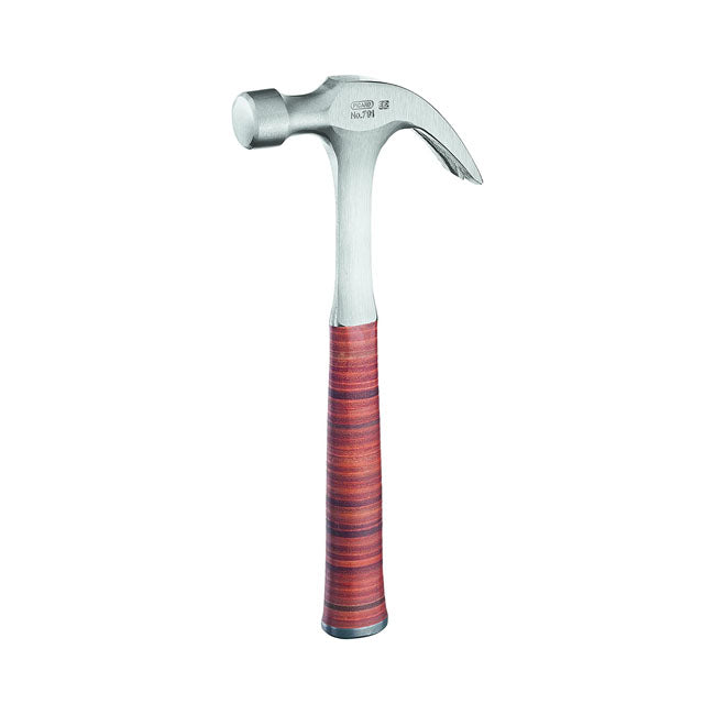 American pattern claw hammer with nail-puller. Manufactured from a special alloyed Picard steel; hardened and tempered for the right characteristics. With a bright steel head; round neck bell pattern head that is coated with a transparent corrosion resistant coating. The handle is solid forged steel with a twist-resistant leather grip. Weight 890 gram. Overall length 315mm.