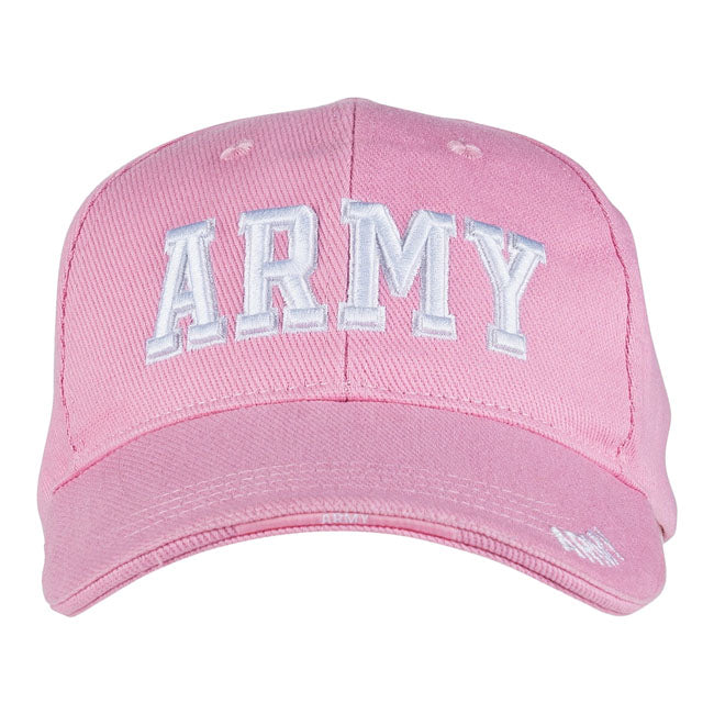 Stylish pink baseball cap with the wordÿArmyÿin white letters on the front. Made of 100% cotton for a comfortable fit and everyday wear.
