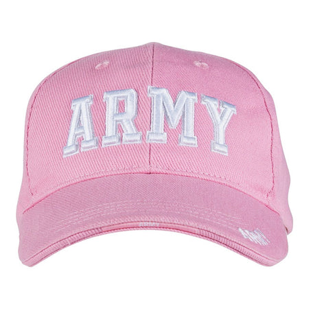 Stylish pink baseball cap with the wordÿArmyÿin white letters on the front. Made of 100% cotton for a comfortable fit and everyday wear.