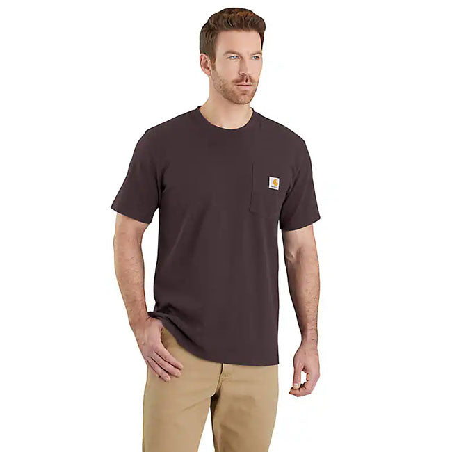 The Carhartt K87 Pocket t-shirt debuted in 1992; it's rugged cotton design and clean looks made it a fast favorite among the hard-working folks who pulled it on. This t-shirt is made with heavyweight cotton built to handle tough days on the job. Cut for a relaxed fit with a chest pocket so you can keep your essentials close. Available in a wide range of classic and seasonal colors. Relaxed Fit Rib knit crew neck Left chest pocket Flat two needle cover stitch hem Carhartt label sewn on pocket Woven 6.