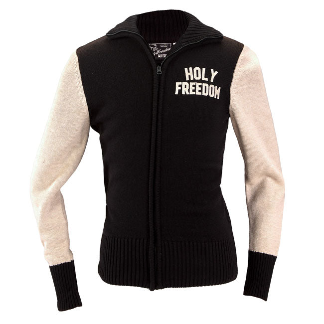 Built for the workshop; the road; and everything in between; the Holy Freedom Dirtrack zipped sweat delivers raw style with functional muscle. Made from 100% unbrushed emery cotton; it's tough yet breathable; with a windproof front lining to keep the chill out. Distressed fabric edges; water-based prints; and a metallic zip give it that worn-in; worked-hard attitude. Finished with welt pockets and built to move.