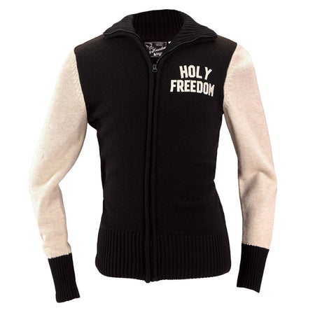 Built for the workshop; the road; and everything in between; the Holy Freedom Dirtrack zipped sweat delivers raw style with functional muscle. Made from 100% unbrushed emery cotton; it's tough yet breathable; with a windproof front lining to keep the chill out. Distressed fabric edges; water-based prints; and a metallic zip give it that worn-in; worked-hard attitude. Finished with welt pockets and built to move.