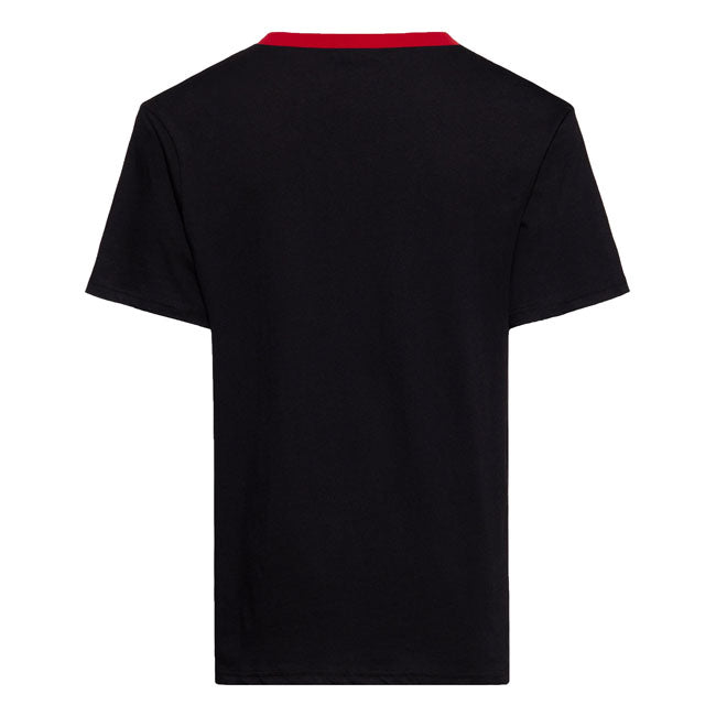 No rules; no excuses; no backpedaling. This King Kerosin t-shirt wears its message right on the chest and means it. The large circular print is deliberately bold and evokes the look of old motorcycle clubs and hand-painted garage signs. The contrasting ribbed collar provides a sharp frame and reinforces the graphic design. The cut is straight and uncomplicated; and the pure cotton material is comfortable to wear; made for long days; loud nights; and everything in between. Striking circular print with an un