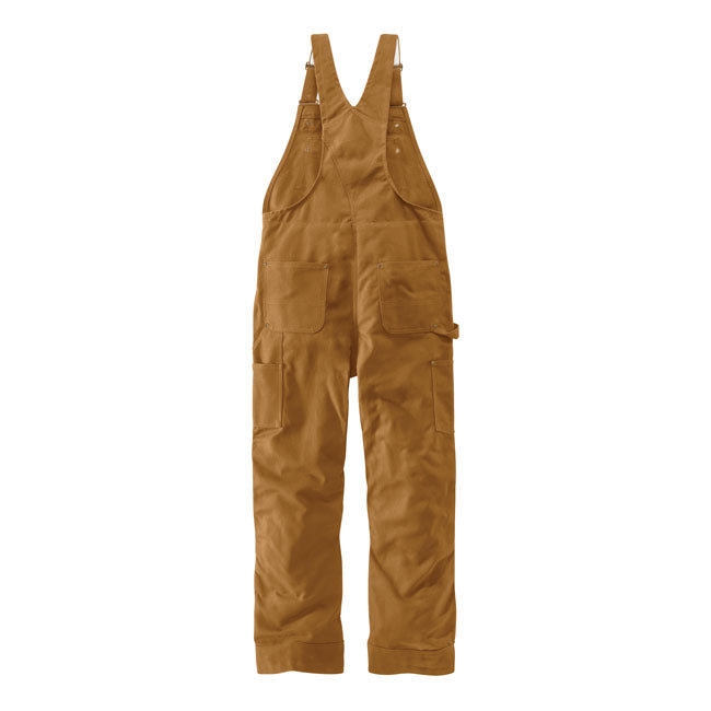 The Carhartt Duck loose fit washed duck insulated bib overall for any use. Made off 100% cotton; 12 oz/ydý - 407 gsm; kick panels; two lower-front pockets and two reinforced back pockets; right-leg hammer loop; double front reinforced knee pockets with cleanout openings; ankle to hip side-leg snap closure.