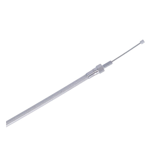 High efficiency clutch cable.  This Motorcycle Storehouse control cable comes in a ''chrome'' finish; with a brained stainless steel outer cable; with a clear protective coating; and chrome plated fittings.  Oversize or undersize lengths (longer/shorter than standard) is not given since many different standard lengths exist. Instead they are available in a range of custom lengths to best suit your stock or custom application.  Note: Dimensions as given are outer cable length; which includes the adjuster pla