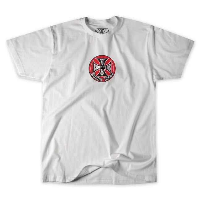 Command attention with the West Coast Choppers Tank Logo t-shirt. Crafted from premium 100% cotton; this solid black shirt offers a comfortable fit and feel. Featuring the iconic Tank logo on both the front and back; it''s a bold statement piece for any rider. Available in several color combinations; this t-shirt embodies the rebellious spirit of the open road.