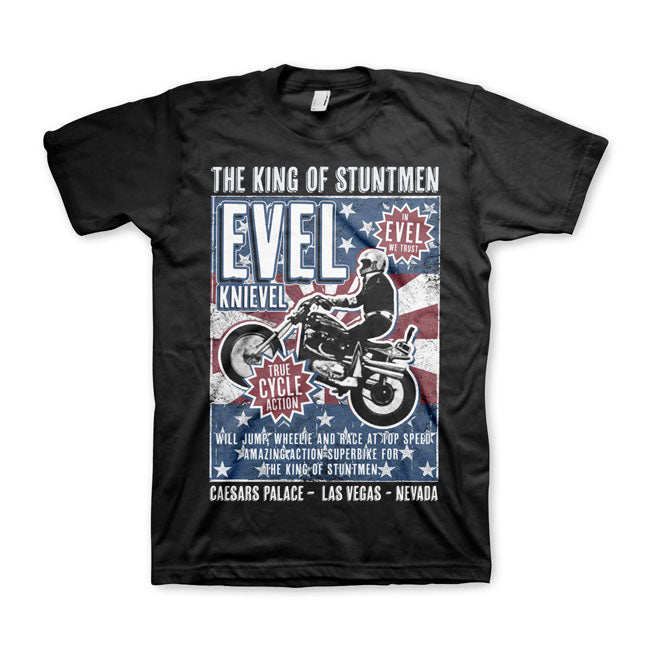 Evel Knievel! Who doesn''t know him or heard about him. This is man is a legend! He was best known for his long-distance motorcycle jumps: his 50-meter jump over Caesar''s Fountain in Las Vegas on December 31; 1967; made him famous; though his fall caused a month-long coma. But now you can wear T-shirts; sweatshirts and hoodies with a print of the great legend. Made of 100% cotton and with a normal fit. Or choose one of the trucker caps and of course you can have your morning coffee wit Evel Knievel if you 