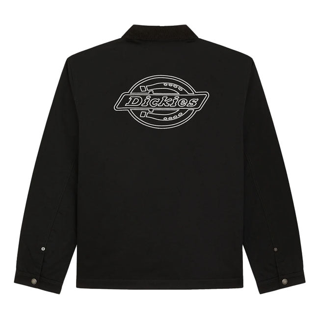 The Dickies Union Barn jacket is a relaxed fit lined coach jacket. Made out of a durable; 8.3oz poly-cotton blend with stain release; this jacket features corduroycollar; front patch pockets with angled entry and metal rivets; center snap closures; inside onion quilting; large embroidered Dickies icon outline logoembroidered on the back; and iconic woven Dickies label on patch pocket. A classic jacket with authentic Dickies construction. 65% polyester / 35% cotton 8.3oz poly-cotton blend