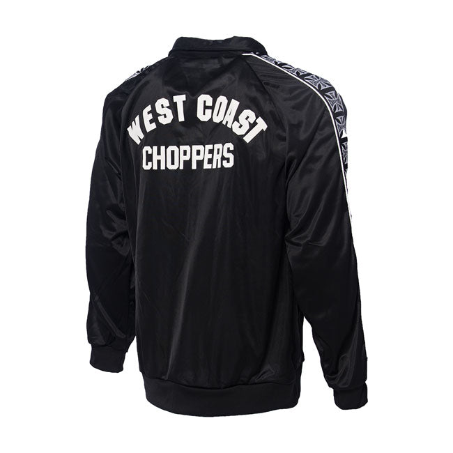 Slim fit tracksuit in brushed tricot; made from 100% polyester; with ribbed cuffs; nylon full zip in front; two front pockets; waistband with elastic inside and drawcord on pants.  Features the West Coast Choppers logo tape in jacquard with piping applied on sleeves and on sides of pants and printed logo's on chest and back.