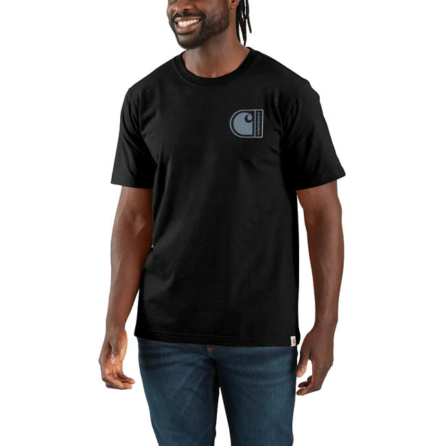 Soft; lightweight; and ready for everyday wear. This Carhartt relaxed-fit t-shirt features a breathable cotton-blend jersey; rib-knit crew neck; and strong stitching-finished with a bold Carhartt "C" graphic on the back. Relaxed Fit Rib knit crew neck Flat two needle cover stitch hem Carhartt "C" graphic on back Woven Lightweight Jersey Cotton/Poly Vortex 60% Cotton/40% Polyester