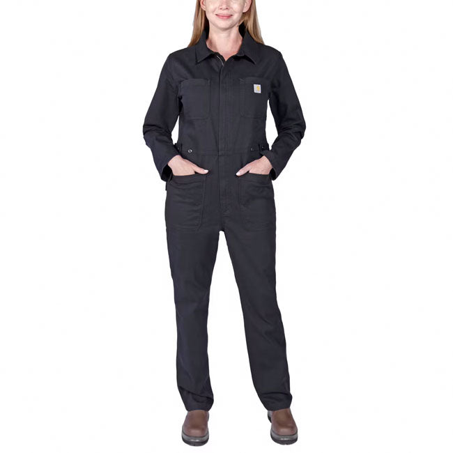 This is your everyday; do-it-all coverall. These Carhartt Rugged female coveralls are built with Rugged FlexT stretch technology for ease of movement. They also feature multiple utility pockets for added storage for your needed supplies while on the job. Relaxed fit; straight leg Rugged FlexT - Allows for more movement Adjustable waist with button-adjustable tabs Two-piece stand collar Inseam 79 cm/31 inches Two chest pockets Two lower front pockets Multiple tool and utility pockets Right leg utili