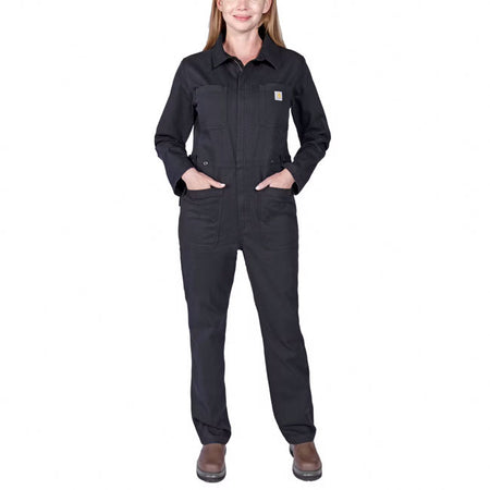 This is your everyday; do-it-all coverall. These Carhartt Rugged female coveralls are built with Rugged FlexT stretch technology for ease of movement. They also feature multiple utility pockets for added storage for your needed supplies while on the job. Relaxed fit; straight leg Rugged FlexT - Allows for more movement Adjustable waist with button-adjustable tabs Two-piece stand collar Inseam 79 cm/31 inches Two chest pockets Two lower front pockets Multiple tool and utility pockets Right leg utili