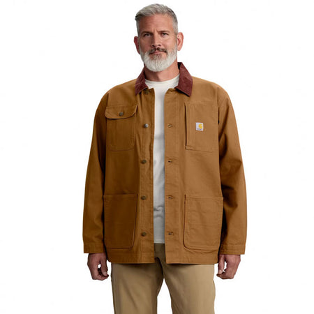 Loose fit ú 12 oz/ydý - 407 gsm ú 99% cotton/1% elastane ú firm duck ú rugged flexT - eases movement ú wind fighterT - tames the wind ú corduroy trimmed collar ú long sleeve ú spread collar ú two chest pockets; left-chest patch pocket with zipper closure; right-chest patch pocket with flap and shank-button closure ú two lower front patch pockets with both top and side entry ú interior pocket with hook-and-loop closure ú shank button front closure ú brass snap closure ú adjustable cuffs ú tri