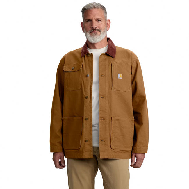 Loose fit ú 12 oz/ydý - 407 gsm ú 99% cotton/1% elastane ú firm duck ú rugged flexT - eases movement ú wind fighterT - tames the wind ú corduroy trimmed collar ú long sleeve ú spread collar ú two chest pockets; left-chest patch pocket with zipper closure; right-chest patch pocket with flap and shank-button closure ú two lower front patch pockets with both top and side entry ú interior pocket with hook-and-loop closure ú shank button front closure ú brass snap closure ú adjustable cuffs ú tri