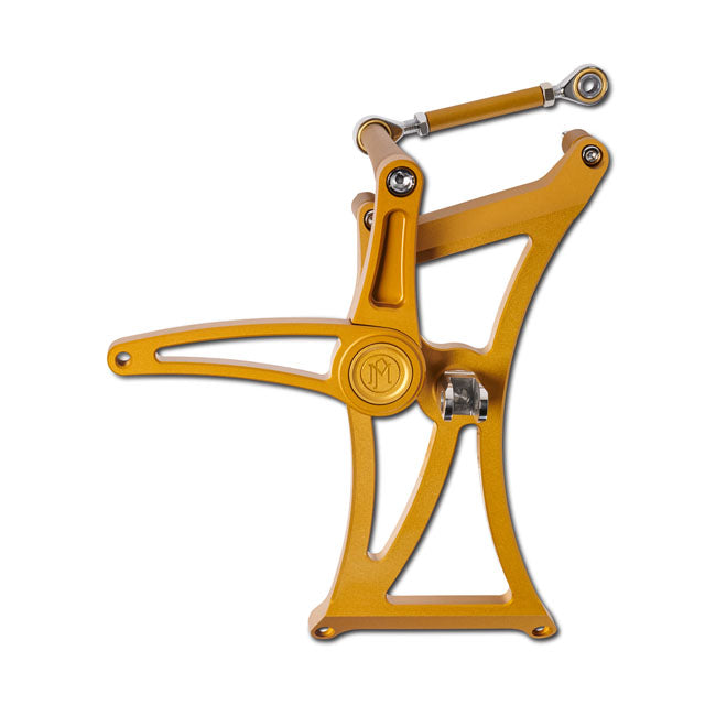 Gold Ops = a gloss gold & wrinkle gold combination finish. A 6061-T6 billet aluminum lightweight but strong construction. Offers a more aggressive riding position with increased ground clearance for improved cornering. The short throw shifter allows faster shifting; the steel brake linkage comes with chrome heim joints for easy brake actuation. Bolt-on design without modifications. Compatible with the stock master cylinder. Compatible with passenger floorboards or foot pegs. Includes chrome plated installat