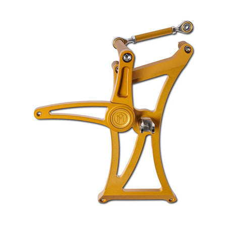 Gold Ops = a gloss gold & wrinkle gold combination finish. A 6061-T6 billet aluminum lightweight but strong construction. Offers a more aggressive riding position with increased ground clearance for improved cornering. The short throw shifter allows faster shifting; the steel brake linkage comes with chrome heim joints for easy brake actuation. Bolt-on design without modifications. Compatible with the stock master cylinder. Compatible with passenger floorboards or foot pegs. Includes chrome plated installat