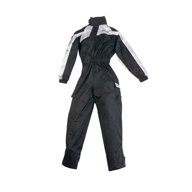 Waterproof rainsuit; made from nylon; with leg bottom fastening; wallet pocket and reflective panel for visibility. Much needed when going to work or an a trip on rainy days. The side zip makes quick changing easy.