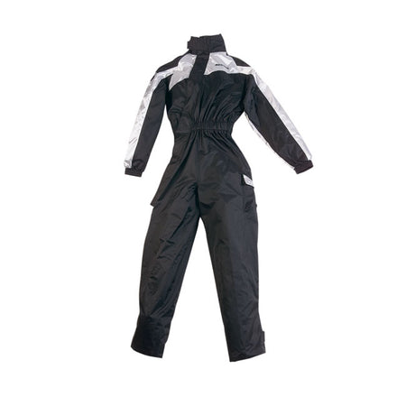 Waterproof rainsuit; made from nylon; with leg bottom fastening; wallet pocket and reflective panel for visibility. Much needed when going to work or an a trip on rainy days. The side zip makes quick changing easy.