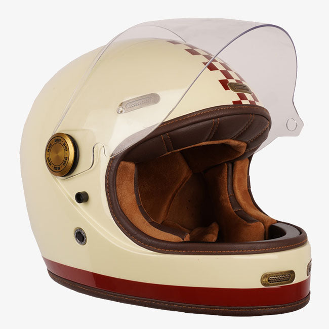 The By City Roadster III helmet blends timeless design with advanced safety. Crafted from fiberglass; it offers durability and a lightweight feel. The leather-finished; removable; and washable multi-density padding ensures maximum comfort; while ventilation inlets and a rear fastening system provide added functionality. The injected visor; anti-fog ready with by laminate; guarantees clear vision in any weather. A double buckle closure ensures a secure fit; and it's Bluetooth system ready for seamless connec