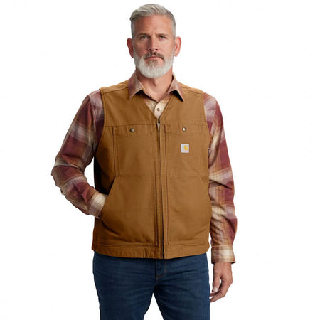 Relaxed fit ú 12 oz/ydý - 407 gsm ú 99% cotton/1% elastane ú stretch soft duck ú inner lining: flannel ú rugged flexT - eases movement ú sleeveless ú v-neck ú two chest pockets with snap closure ú two lower front side entry pockets ú two interior pockets; one pocket with zipper closure and one with hook-and-loop closure ú full-length front zipper ú drop-tail hem for added coverage ú carhartt label sewn on pocket