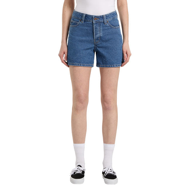The Dickies 5 Inch high waist jeans shorts are a regular fit; high waisted; slightly A-line leg denim female shorts. Made out of 11oz cross slub cotton denim for comfort and durability; features include 5 pocket set up; zip fly and shank button closure; front pockets reinforced with metal rivets; and back patched pockets with woven Dickies label. Comfortable and durable with authentic Dickies detail and fabrication. High waist 5 inch Regular fit 100% cotton