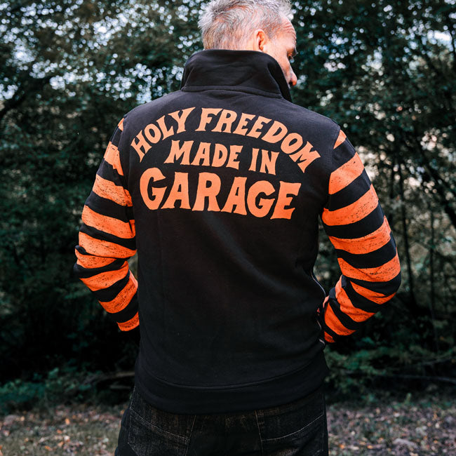 Holy Freedom Garage Zip Sweatshirt Oranje Zwart Winddicht Met Versleten Rand En Zakken