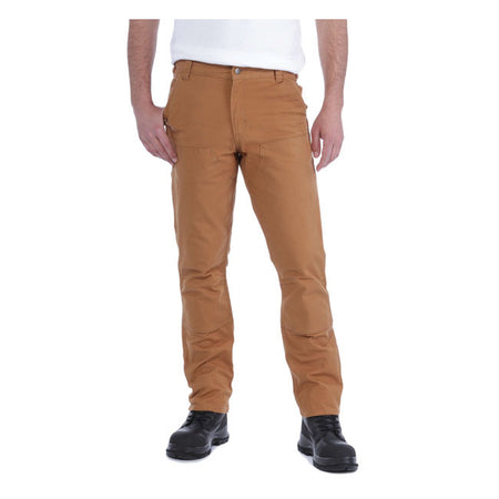Carhartt straight-fit double front work trousers are made for hard physical work; and feature heavily reinforced pockets on at the back and reinforced slash pockets on the front for all your tool carrying needs. They're made of heavyweight duck and have triple-stitched main seams for exceptional durability; so you can count on them day in; day out. The Rugged FlexT technology helps to ensure that you can move comfortably in your Carhartt double front utility pants; and the straight fit provides a good balan