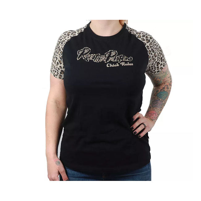 Rusty Pistons Nocatee Dames T Shirt Zwart Katoen Elastaan Met Prints Voor En Achterkant