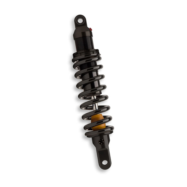 13.5" (343mm) +10mm longer; Heavy Duty Springs; Black Anodized. Great replacement single shock. Manufactured with a high pressure nitrogen filled black hard anodized aluminum body; with a large 46mm bore and deflective disc damping. Comes with Regular threaded or RAP (Remote Adjustable Pre-load) located behind the left passenger peg; for easy accessible adjustments. Rebound damping is 5-position adjustable. Available in stock; over and undersize lengths to accommodate the various stock Softail model lengths
