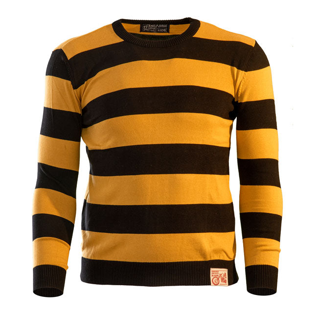 Inspired by the classic motorcycle-club sweaters from the olden days 13 and a half brings you this knitted; 100% cotton striped sweaters. A basic garment for your wardrobe with a round neck and 12GG knit.