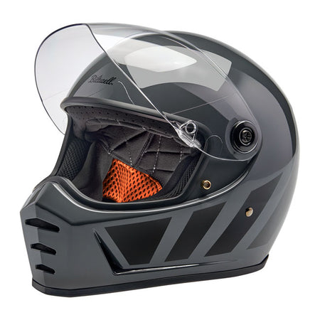 Progressively styled and rigorously tested; the Biltwell Lane Splitter; ECE 06 and DOT approved; helmet is a top choice for riders who demand comfort and high performance. The aggressive looking lines of this helmet truly set it apart in the retro-styled helmet market. Features include a rugged ABS outer shell with hand-painted finish; ventilated and shock-absorbing EPS safety liner with gorgeous hand-stitched interior padding; removable cheek pads; clear anti-fog and anti-scratch CE-certified shield. Also 