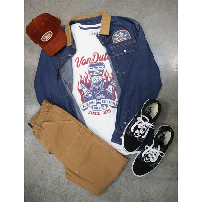 Von Dutch is an American fashion brand posthumously named after Kenny Howard; a.k.a. "Von Dutch"; an American motorcycle mechanic; artist and pinstriper. We have some nice shirts; sweats; hoodies; t-shirts and caps in our collection. All produced of cotton or a mix of cotton and elastane. So make up your mind and choose or just buy them all!