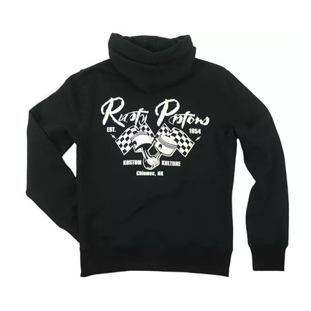 The Rusty Pistons zip hoodie brings together leisure and style. Featuring a cozy fleece lining; this zip-up hoodie is perfect for casual comfort. Adjust the hood with drawstrings for a personalized touch. Embrace the Rusty Pistons rider spirit with patches on the chest and back; showcasing your love for the open road. A classy Rusty Pistons leather patch on the bottom hem adds authenticity. Ribbed knit detailing on the sleeves and bottom hem completes the look; providing a snug fit. Whether you''re on the g