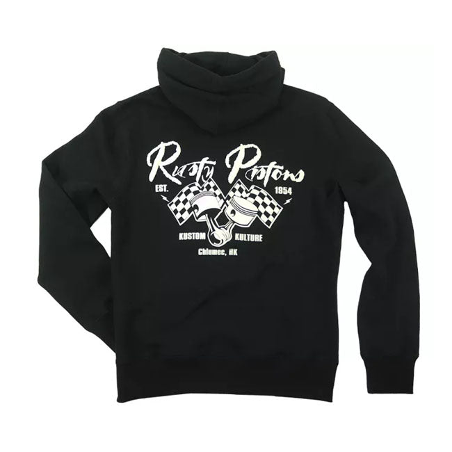 The Rusty Pistons zip hoodie brings together leisure and style. Featuring a cozy fleece lining; this zip-up hoodie is perfect for casual comfort. Adjust the hood with drawstrings for a personalized touch. Embrace the Rusty Pistons rider spirit with patches on the chest and back; showcasing your love for the open road. A classy Rusty Pistons leather patch on the bottom hem adds authenticity. Ribbed knit detailing on the sleeves and bottom hem completes the look; providing a snug fit. Whether you''re on the g