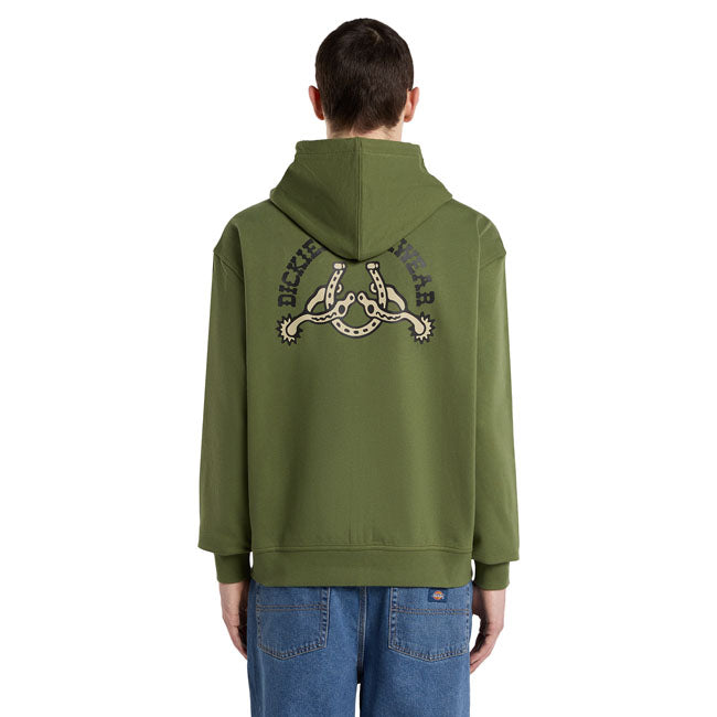 The Dickies Bettsville hoodie is a boxy fit hooded zip up sweater. Made out of 400GSM french terry cotton-poly blend; this sweater features full front zipclosure; lined drawstring hood; kangaroo pocket; ribbed hem and cuffs; Dickies side seam label; and small left hand side chest graphic with large western inspired spurs and horseshoe graphic on back. A heavyweight sweater with authentic Dickies detailing. 80% cotton / 20% polyester 400 GSM boxy fit