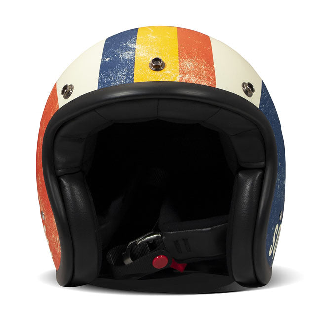 Embrace the fusion of classic style and modern functionality with the DMD Retro helmet; a nod to the iconic 70''s design. This helmet isn''t just a protective gear but a statement piece; crafted for those who dare to stand out. With its ECE 22.06 approved fiberglass shell available in three sizes; it offers a snug fit. The helmet is bluetooth ready; features integrated snaps for visors; and boasts a luxurious; washable lining with Velcro for a custom fit. Secured with a padded chin strap and a reliable Doub